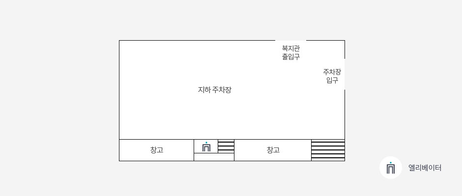 지하 이미지 : 지하 주차장, 창고, 엘리베이터, 복지관입구, 주차장입구 가 있습니다.